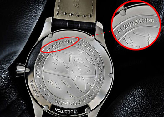 Backside of Alpina watch with model code magnified