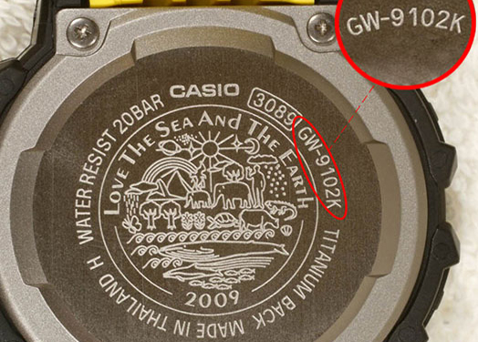 Backside of Casio watch with model code magnified